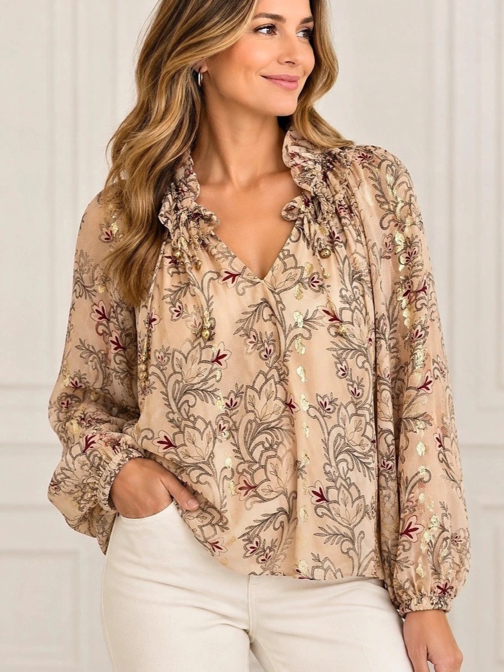 White House Black Market Floral Ruffle Blouse in Beige & Gold Size Medium